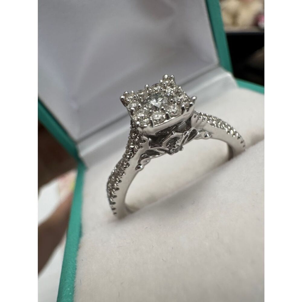 NWOT 14k W/G Halo Filigree Carved Deco Diamond Engagement Ring Sz 7.25 .40 tctw